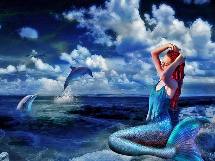 Fantasia, sirena, blu, delfino, oceano, Sfondo HD