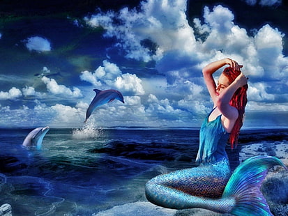 Fantasía, Sirena, Azul, Delfín, Océano, Fondo de pantalla HD HD wallpaper