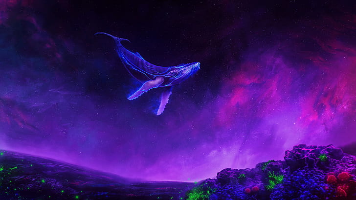 สัตว์แฟนตาซี, ปลาวาฬ, สีม่วง, ท้องฟ้า, วอลล์เปเปอร์ HD