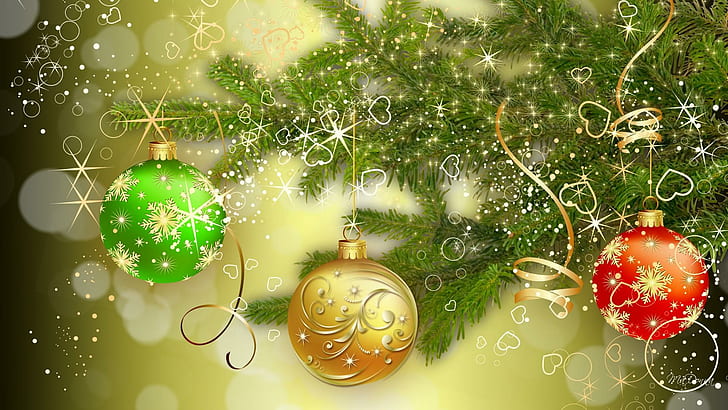 Christmas So Green, stars, christmas, balls, tinsel, tree, bright, feliz navidad, sparkle, spruce, gold, shine, HD wallpaper