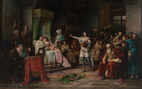 1882, óleo sobre tela, pintor tcheco, Galeria Nacional de Praga, Václav Brožík, Vaclav Brozík, cantor de baladas, baladas de execução, HD papel de parede HD wallpaper