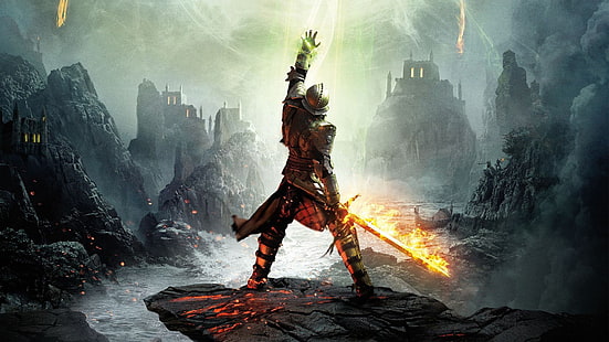 cavaliere con illustrazione di spada, inquisizione dell'età del drago, guerriero, età del drago, armatura, spada, Sfondo HD HD wallpaper