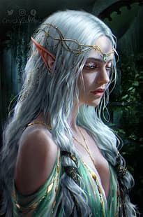 grafika, sztuka fantasy, kobiety, elfy, uszy elfów, białe włosy, Tapety HD HD wallpaper