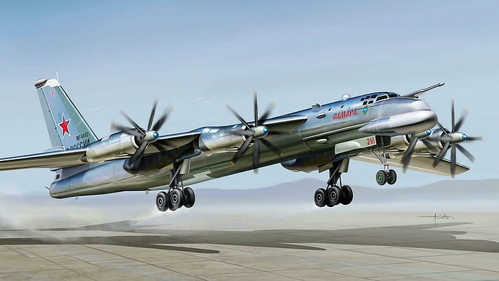 Bombardiere strategico sovietico a turboelica, aereo militare, aereo, sovietico, Sfondo HD