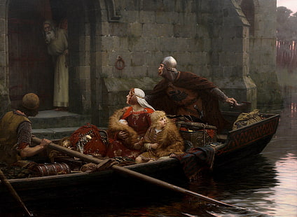 group of person on boat painting, river, castle, woman, boat, picture, boy, the old man, knight, child, baby, Middle Ages, old man, romanticism, English painter, English artist, the pre-Raphaelite, Edmund Blair Leighton, Pre-Raphaelite, The middle ages, In dangerous times, In time of peril, HD wallpaper HD wallpaper