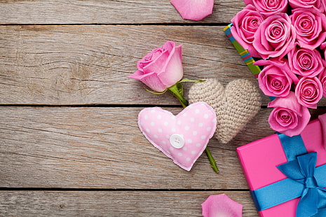roses, love, heart, pink, romantic, sweet, gift, petals, valentine`s day, HD wallpaper HD wallpaper