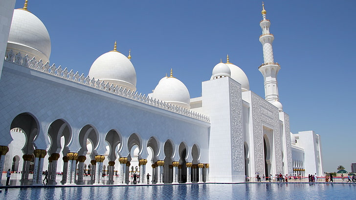 Abu Dhabi, båge, arkitektur, islamisk arkitektur, marmor, moské, solljus, HD tapet