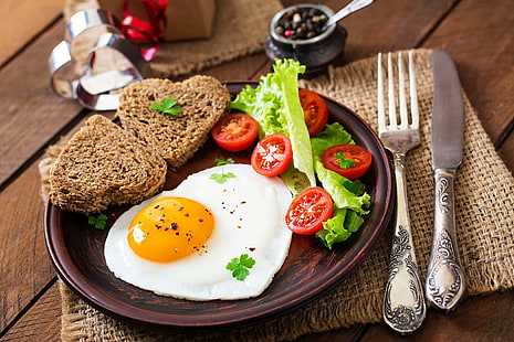 stainless steel fork, food, eggs, tomatoes, bread, HD wallpaper HD wallpaper