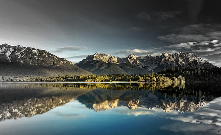 montañas glaciares, primavera, lago, montañas, bosque, azul, verde, corrección de color, Fondo de pantalla HD