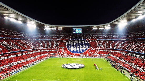 Allianz Arena, Bayern Munchen, Ligue des Champions, Ventilateurs, FC Bayern, nuit, Terrains de football, Stade, Fond d'écran HD HD wallpaper