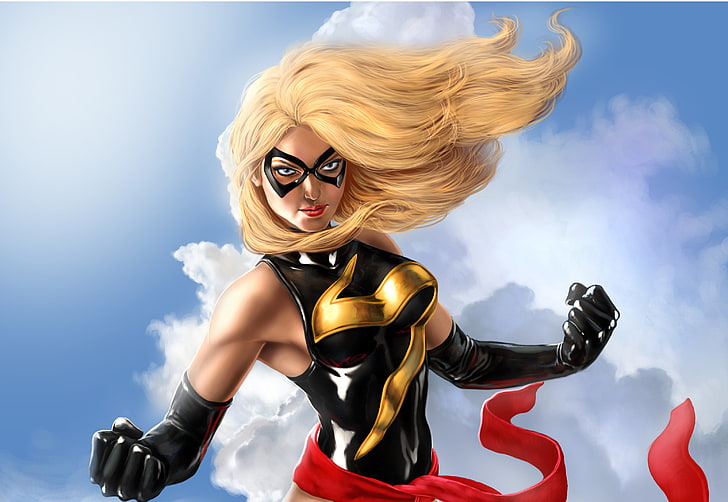 Marvel женский супергерой обои, небо, взгляд, облака, полёт, фантастика, маска, арт, костюм, Binary, Warbird, Ms. Marvel, Double Star, боевая птица, MS Marvel, HD обои