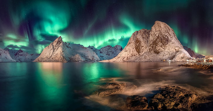gray mountain, Northern lights, Norway, Pure, Lofoten, Nordland, HD wallpaper