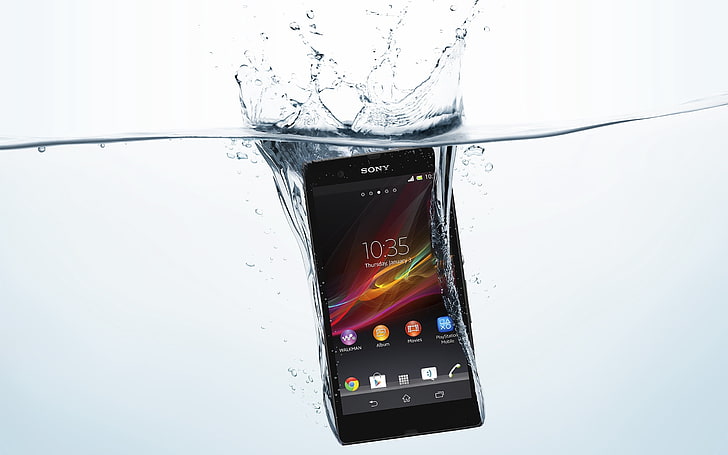 black Sony Android smartphone, sony, waterproof, xperia, spray, phone, HD wallpaper