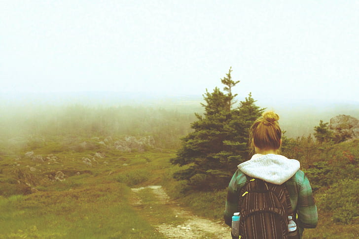 przyroda, mgła, góry, drzewa, kobiety, plecaki, Tapety HD