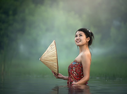 River Bathing In Asia, Asia, Others, Travel, Smile, Girl, Green, Happy, Woman, River, Water, Tropical, Young, Photography, Outdoor, Bath, Vacation, visit, tourism, conical hat, asian conical hat, farmer's hat, asian rice hat, HD wallpaper HD wallpaper