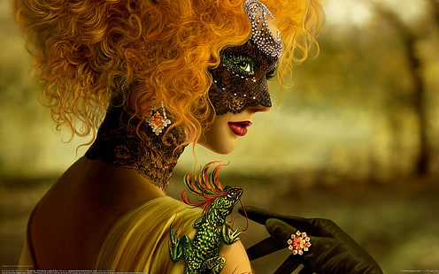 女性の黒い仮面舞踏会マスク、女の子、マスク、赤。トカゲ、謎、 HDデスクトップの壁紙 HD wallpaper