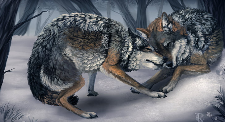 two wolves wallpaper, winter, animals, trees, game, art, wolves, wild, HD wallpaper