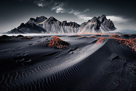 gri tonlamalı fotoğraf çöl, İzlanda, peyzaj, doğa, karanlık, dağlar, HD masaüstü duvar kağıdı HD wallpaper