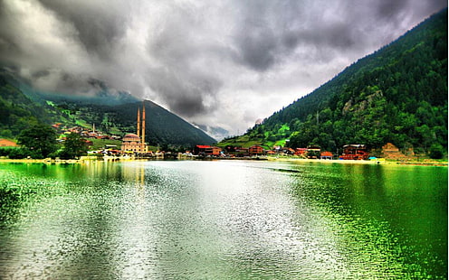 Lake Town Of Uzungol Turquie Hdr, ville, lac, montagnes, mosquée, nature et paysages, Fond d'écran HD HD wallpaper