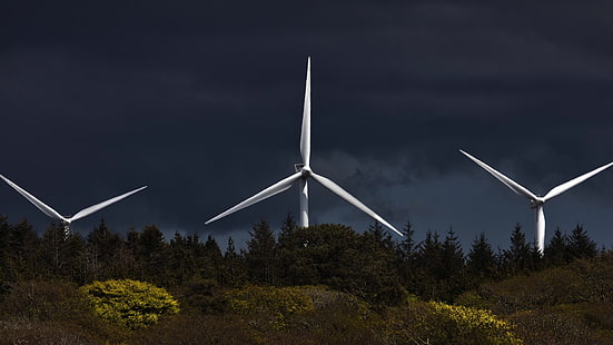 three white wind mills, nature, landscape, sky, clouds, trees, turbine, wind turbine, HD wallpaper HD wallpaper