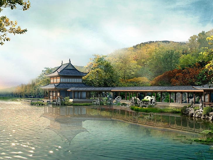naturaleza oriental oriental dock Resumen Fantasy HD Art, naturaleza, agua, oriental, Fondo de pantalla HD