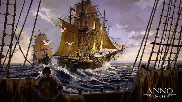 Anno 1800, งานศิลปะ, เรือ, น้ำ, นก, เรือใบ, Ubisoft, วิดีโอเกม, วอลล์เปเปอร์ HD