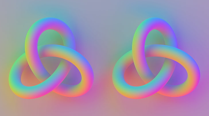 Torus-Knoten, zwei Regenbogenknoten-Illustration, künstlerisch, 3D, bunt, Farbe, schillernd, Knoten, Torus, HD-Hintergrundbild