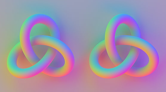 Torus-Knoten, zwei Regenbogenknoten-Illustration, künstlerisch, 3D, bunt, Farbe, schillernd, Knoten, Torus, HD-Hintergrundbild HD wallpaper