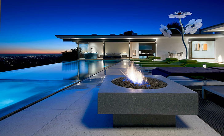 캘리포니아의 Modern Dream Villa, 회색 직사각형 콘크리트 화덕, 로스 앤젤레스, 고, 일몰, 현대, 집, 맨션, 현대, 화재, 캘리포니아, 빌라, 무한대, 수영장, HD 배경 화면