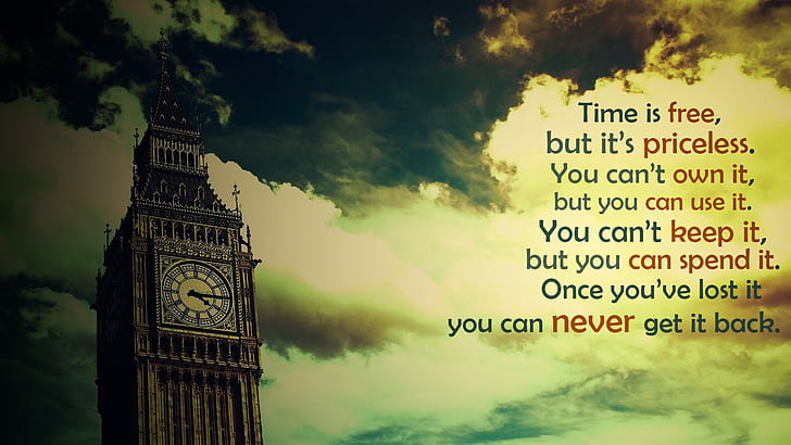 time, Big Ben, clouds, London, quote, inspirational, filter, HD wallpaper
