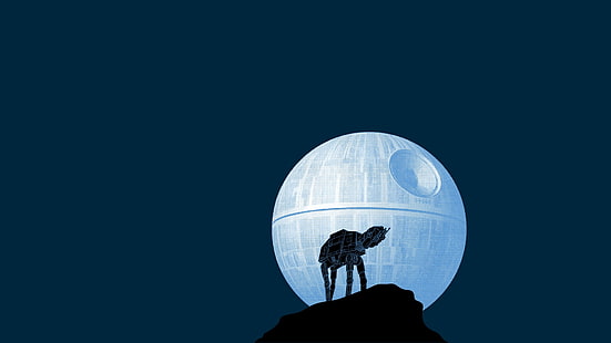 silhouette carta da parati digitale di personaggi di Star Wars, Star Wars, Death Star, AT-AT, minimalismo, sfondo blu, Sfondo HD HD wallpaper
