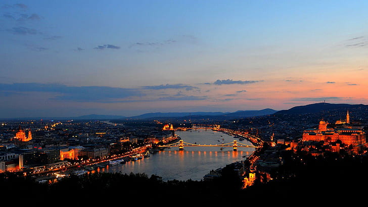 Budapest at night, high angle photo of city skyline during sunset, world, 1920x1080, europe, budapest, hungary, HD wallpaper