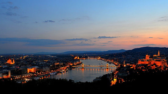 Budapest at night, high angle photo of city skyline during sunset, world, 1920x1080, europe, budapest, hungary, HD wallpaper HD wallpaper