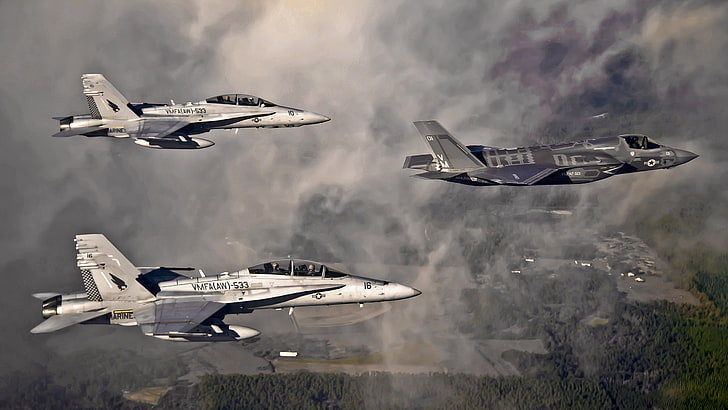 맥도넬 더글러스 F / A-18 호넷, 록히드 마틴 F-35 라이트닝 II, 군용기, 항공기, HD 배경 화면