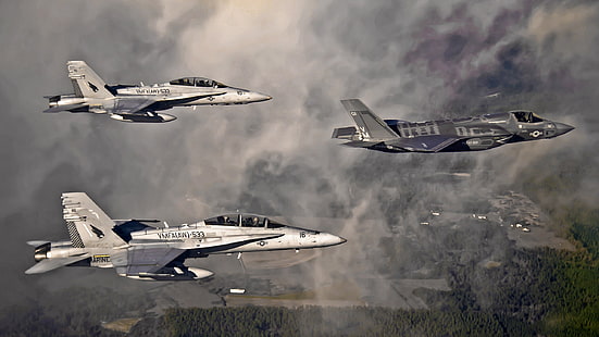 McDonnell Douglas F/A-18 Hornet, Lockheed Martin F-35 Lightning II, military aircraft, aircraft, HD wallpaper HD wallpaper