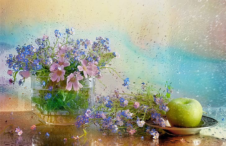 acqua, fiori, piatto, vaso, natura morta, nontiscordardime, kosmeya, mela, Sfondo HD