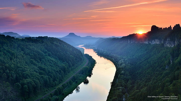 Lembah Elbe di Sunset, Saxony, Jerman, Matahari Terbit / Terbenam, Wallpaper HD