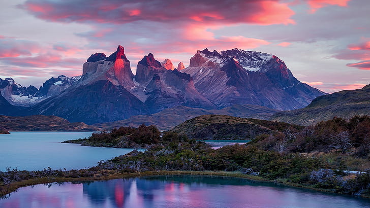 torres del paine nationalpark, patagonia, torres del paine, berg, chile, sydamerika, nationalpark, gryning, morgon, sjö, HD tapet