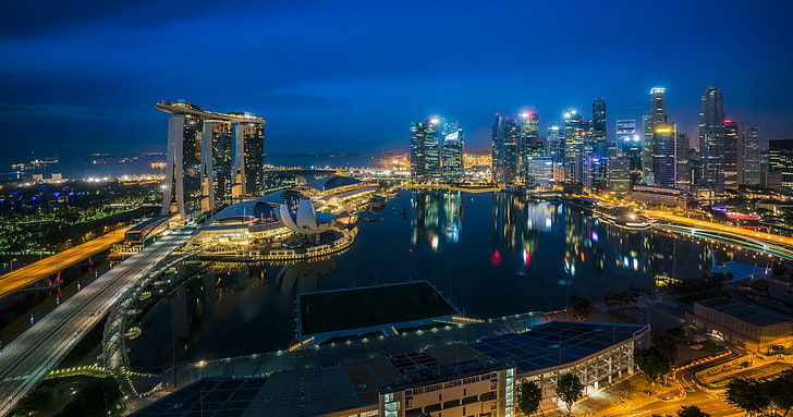 светлини, небостъргачи, Сингапур, архитектура, мегаполис, синьо, нощ, фонтани, HD тапет