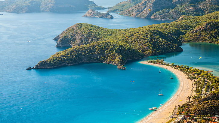 удивительно, пляж, красота, синий, пейзаж, природа, Олудениз, Турция, HD обои