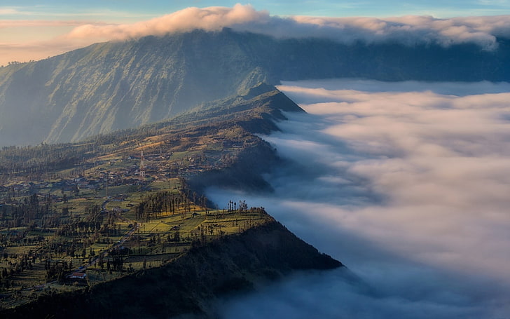 gunung hijau, alam, lanskap, Gunung Bromo, Indonesia, awan, lapangan, pegunungan, Wallpaper HD