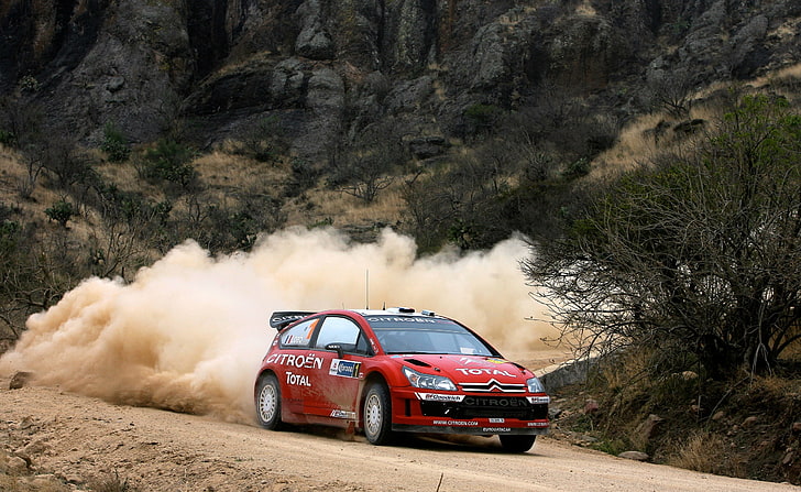 Citroen C4 Rally, red 3-door hatchback, Cars, Citroen, Dust, rally, HD wallpaper