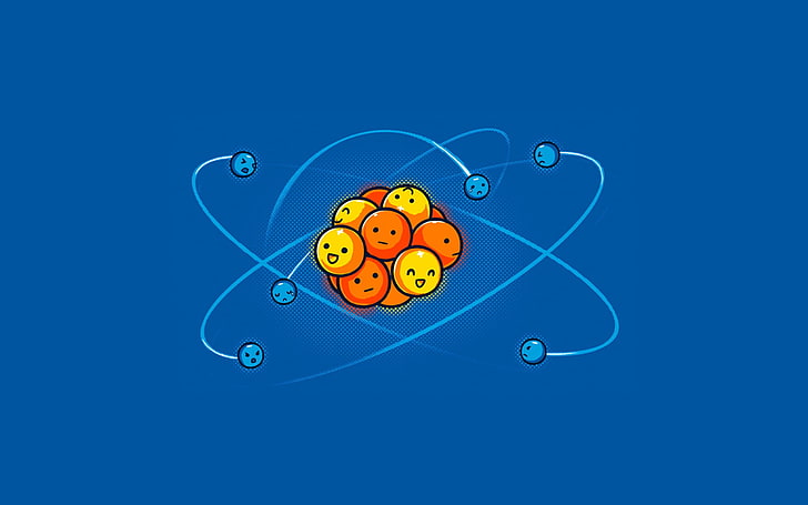 ilustrasi neutron, atom, humor, proton, neutron, elektron, sederhana, minimalis, latar belakang biru, latar belakang sederhana, seni digital, Wallpaper HD