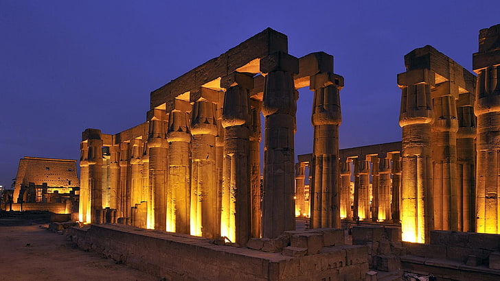Луксорский храм, Египет, древний Египет, древний, Луксор, ночь, огни, Фивы, архитектура, история, HD обои