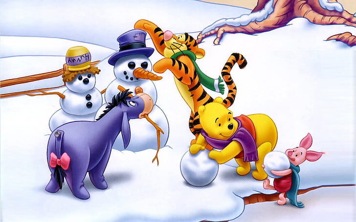 Cartoon Winnie The Pooh Tigger And Piglet Winter Snow Making Snowman Hd Desktop Backgrounds Free Download 1920×1200, HD wallpaper