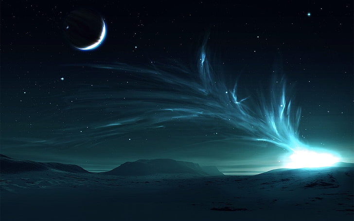 полумесяц над замерзшей тундрой цифровые обои, космос, космическое искусство, пейзаж, ночь, цифровое искусство, луна, HD обои