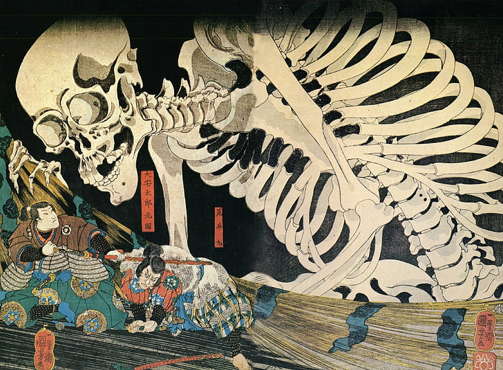 двое мужчин и скелет произведения искусства, произведения искусства, фэнтези-арт, самурай, скелет, череп, HD обои