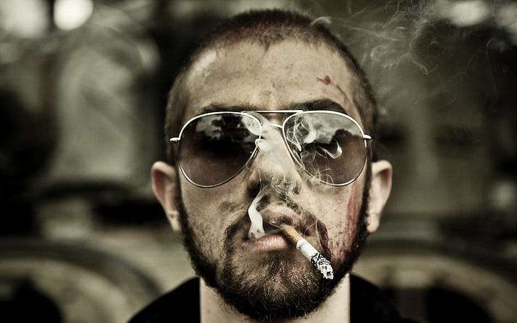 man smoking cigarette photography, glasses, cigarette, quiet, HD wallpaper