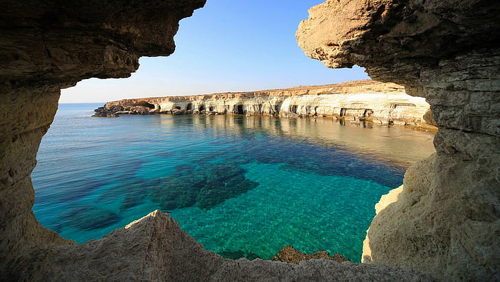 Nice Ocean View, ocean and rock formation, greece, ocean, cyprus, greek, nice, mediterranean, holiday, 3d and abstract, HD wallpaper