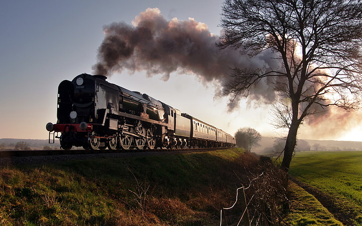 kereta lokomotif hitam, kereta api, mesin, kereta api, Wallpaper HD